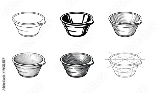 A set of six bucket or pot vector illustrations. Each icon shows a different graphic rendering style, including line art, hatching, stippling, and wireframe for design projects.