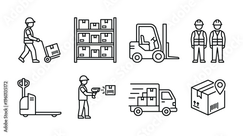 A set of line icons for logistics and warehouse operations. Includes worker, forklift, truck, and package symbols for delivery and supply chain concepts. Minimal vector design.