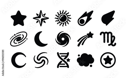 Set of black space icons. Collection of astronomy and astrology symbols like star, sun, galaxy, and zodiac sign. Vector graphic elements for science, esoteric, or UI design.
