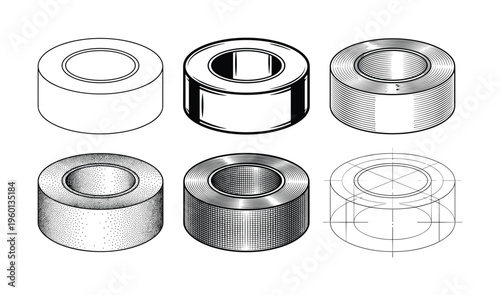 A set of six technical vector illustrations of a cylindrical part. Shows various graphic rendering styles like hatching and stippling for engineering or design concepts.