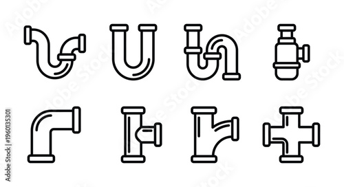 Collection of minimalist plumbing pipe line icons. Vector symbols of tube fittings, traps, and joints for drainage and water systems. Perfect for plumber service branding.