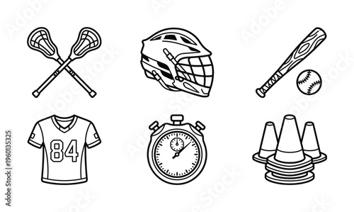A set of sports equipment vector icons. Includes lacrosse, baseball, a jersey, stopwatch, and training cones. Ideal for athletic design, websites, and team branding.