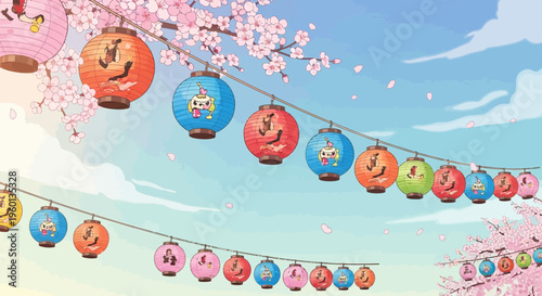 Lanterns and Cherry Blossoms Adorning a Tranquil Spring Festival