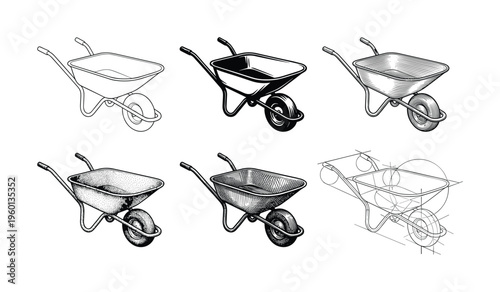 A set of six garden wheelbarrow illustrations in various artistic styles, including line art, engraving, and blueprint. Ideal for gardening, construction, or farming themes.