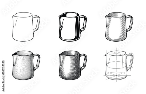A collection of six milk pitcher illustrations in various graphic styles. Includes engraving, stippling, and blueprint. Perfect for coffee, barista, or cafe branding.