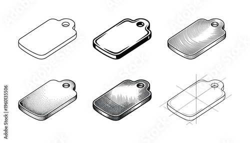 A set of six isometric wooden tag illustrations. Shows various graphic rendering styles like line art, hatching, stippling, and blueprint. Perfect for icons, logos, or tutorials.