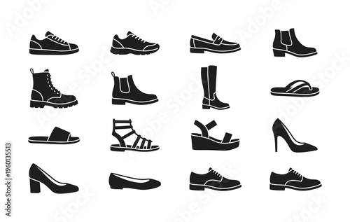 A set of men and women footwear icons. This collection of shoe silhouettes is perfect for fashion design, e-commerce websites, retail stores, and graphic element needs.