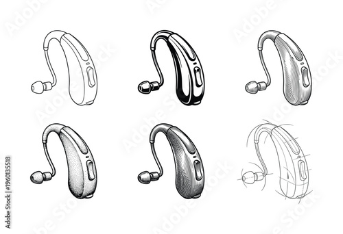 A set of hearing aid vector illustrations in multiple styles: line art, sketch, engraving. Perfect for medical, healthcare, and audiology design concepts or infographics.