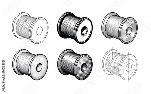 A vector set of six thread spools in retro engraving styles. Includes line art, hatching, and technical drawing for vintage tailoring or craft-themed design projects.
