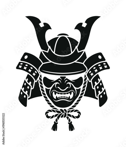 Black silhouette of a traditional Japanese samurai warrior mask and helmet. Fierce vector graphic icon for logos, emblems, or tattoos. Represents power, honor, and martial arts.