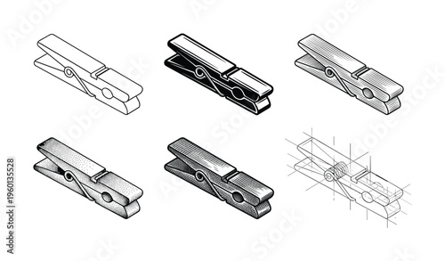 A set of six clothespin vector illustrations in different artistic styles. Includes engraving, stippling, hatching, line art, and technical drawing. For design or craft concepts.