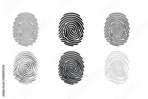 Set of six black fingerprint vector icons in different graphic styles. Ideal for security, identity, biometrics, and technology concepts. Minimalist symbols for user authentication.