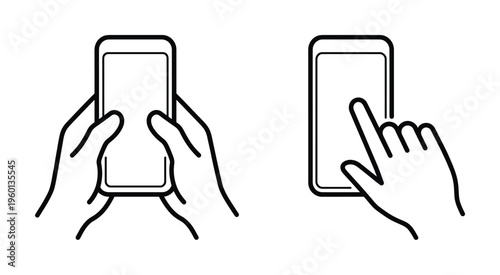 Set of two minimalist line icons. First shows hands holding a mobile phone, second shows a finger touching the screen. Perfect for app interfaces, tutorials, and web design.
