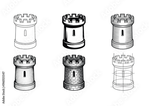 Set of six vector illustrations of a medieval castle tower. Each turret shows a different graphic style like line art, hatching, or stippling. Perfect for logos or historical design.