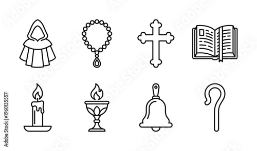 A collection of christian religious symbols in a minimalist line art style. Includes cross, Bible, rosary, and chalice. Perfect for web, apps, and church graphic design.