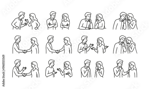Set of vector illustrations showing a couple's communication. Includes conflict, agreement, gossip, and support. Minimalist line art for psychology or relationship articles.