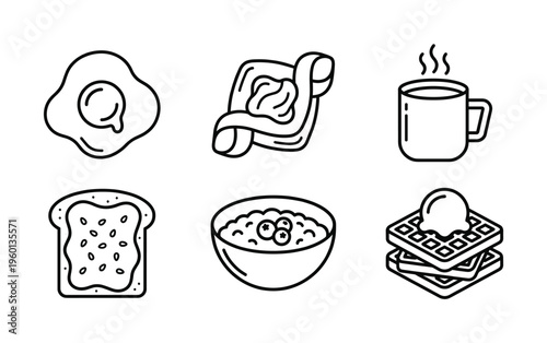 Set of breakfast food line icons. Includes egg, bacon, coffee, toast, porridge, and waffles. Minimal vector symbols for menu, cafe, app, or web design.