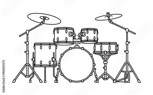 A simple black line art illustration of a drum kit. This minimalist icon is perfect for music school logos, concert posters, band websites, or rock and jazz themed designs.