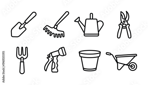 A minimal set of garden tools icons. Includes trowel, rake, and watering can. Perfect for gardening websites, apps, logos, or infographics. Vector illustration.