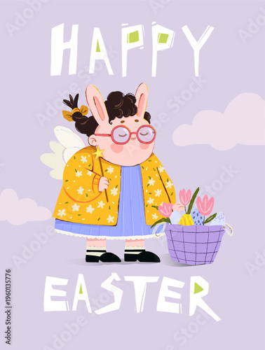 Happy Easter card with cute fairy girl in bunny ears