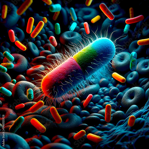 Dark background pill-shaped rod bacteria e-coli  colorful cells AI-generated medical healthcare illustration