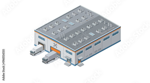 Isometric illustration of a warehouse with trucks loading and unloading goods, symbolizing logistics and distribution operations