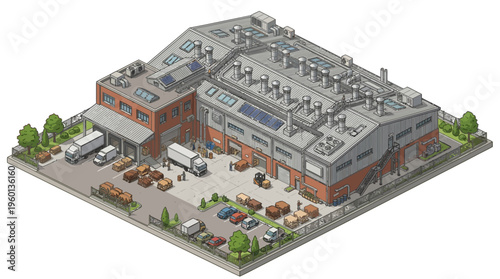 Isometric view of a modern industrial warehouse with loading docks, delivery trucks, and forklifts, symbolizing logistics and supply chain operations