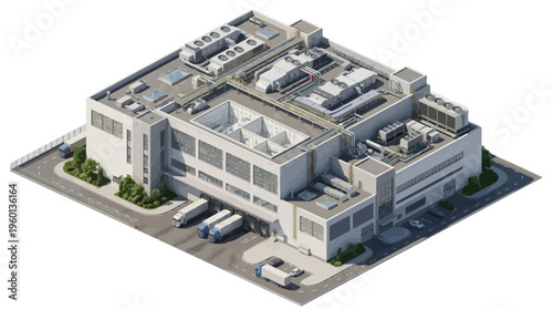 Modern industrial facility with loading docks and rooftop HVAC systems, illustrating logistics and production