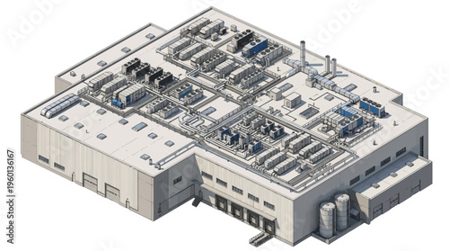 Industrial facility featuring an array of rooftop HVAC units and cooling systems