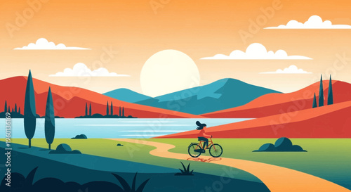 Cycling Woman Enjoying Leisure Ride on a Scenic Path Through a Serene Landscape