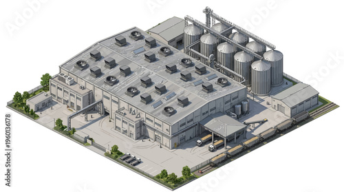 Vast Industrial Facility with Silos and Train Tracks for Manufacturing and Logistics