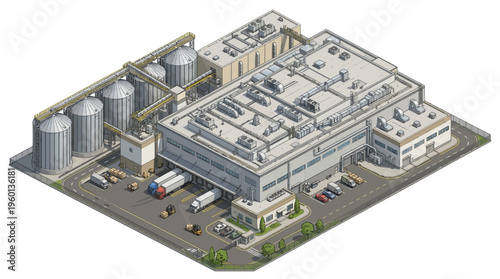 Isometric view of a modern industrial factory with loading docks and silos, illustrating logistics and production operations
