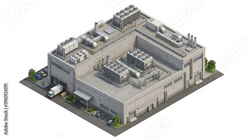 Industrial building with machinery and a delivery truck, symbolizing manufacturing and logistics operations