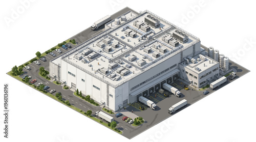 Aerial view of a modern logistics warehouse with loading docks and trucks