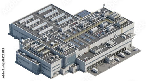 Aerial view of a large, modern industrial complex featuring logistics, loading docks, and extensive rooftop infrastructure, including solar panels