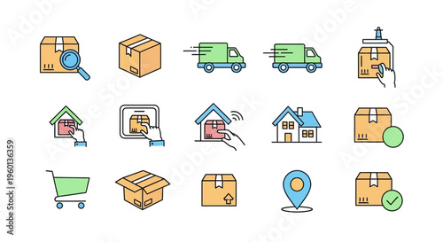 Logistics Delivery Boxes and Trucks Icons.