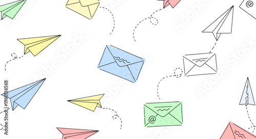 Colorful paper airplanes and envelopes flying.