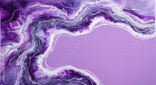Purple abstract resin art background with flowing liquid ink and silver glitter detail. Modern fluid painting texture for creative design element. Decorative marble pattern surface.