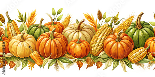 Seamless border of pumpkins, gourds, and corn stalks for packaging and menu decoration
