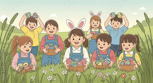 Easter Celebration with Cheerful Kids Collecting Colorful Eggs