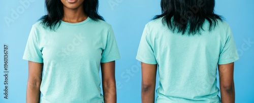 Woman Wearing Aqua T-Shirt Front and Back View for Design Mockup