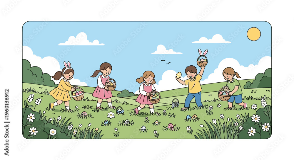 Obraz premium Easter Egg Hunt with Happy Children Collecting Colorful Eggs in Spring