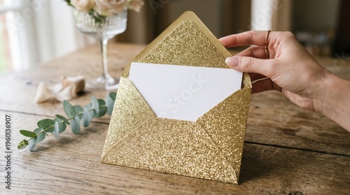 Golden Glitter Envelope with White Card Held by Hand on Wooden Table for Wedding Invitation Design