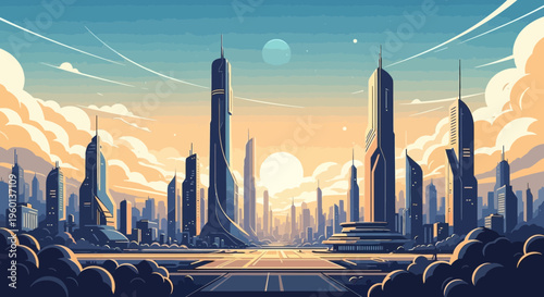 Futuristic Urban Skyline with Sleek Buildings and Warm Sky