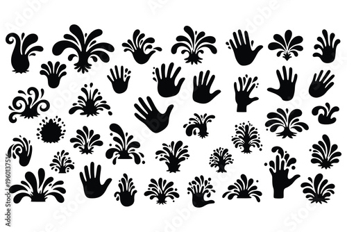 Collection of black hand and fleur de lis silhouettes on white background