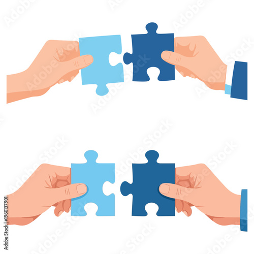 Two pairs of hands connecting puzzle pieces in a symbolic partnership