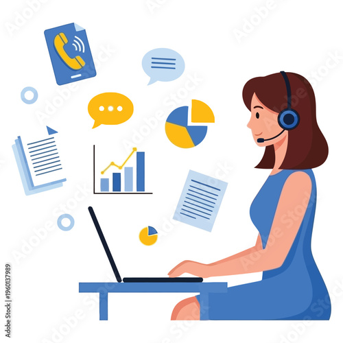 A woman working on a laptop with customer service and data analysis graphics around her