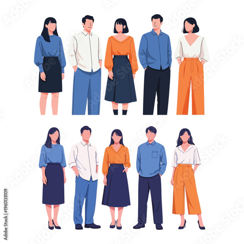 Fashion illustration of eight people in coordinating outfits