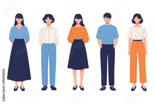 Five diverse individuals standing in a row with different outfits and hairstyles