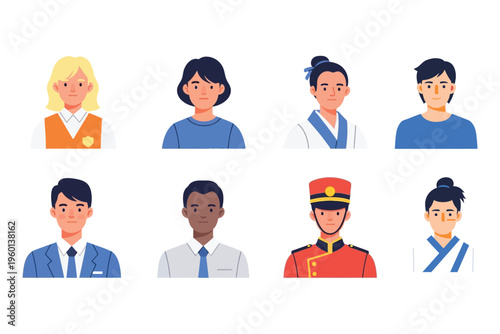 Diverse group of eight cartoon people from different professions and backgrounds